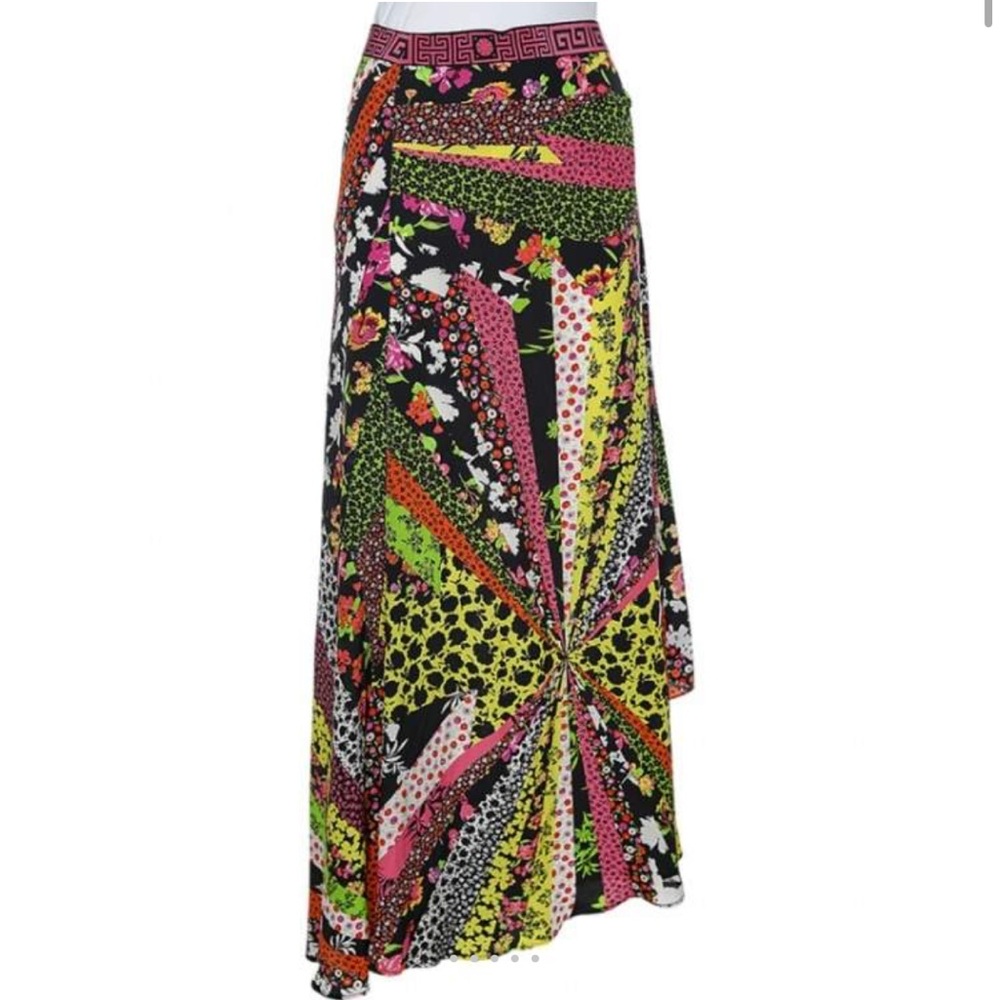 EUC Silk Versace Geometric Floral Colorblocked Asymmetrical Hem Maxi Skirt